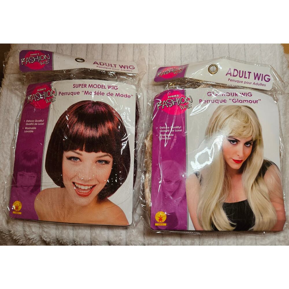 Lot of 2 Rubie's Fashion Wigs: Super Model Bob and Long Blonde Glamour Wigs